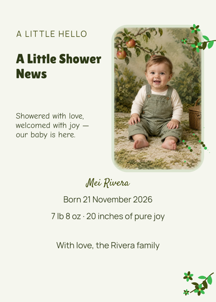 A Little Shower News — editable announcements template
