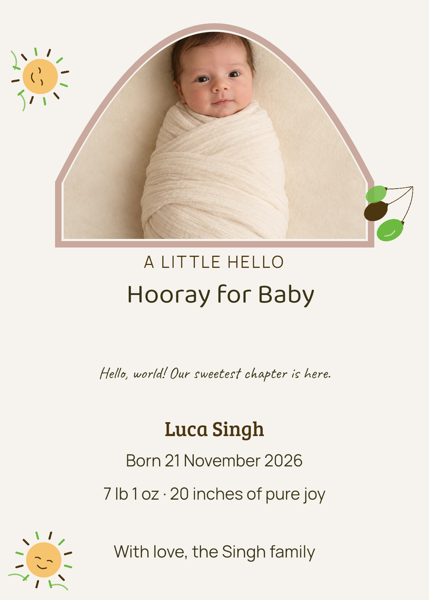 Hooray for Baby — editable announcements template