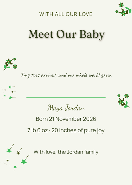 Meet Our Baby — editable announcements template