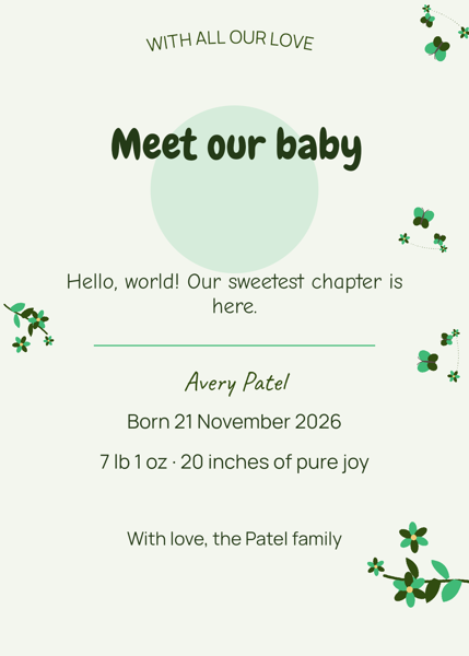 Meet our baby — editable announcements template