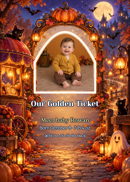 Our Golden Ticket — editable announcements template