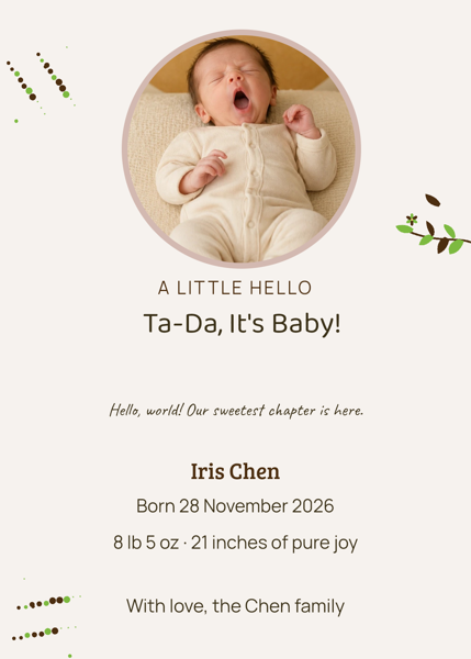 Ta-Da, It's Baby! — editable announcements template