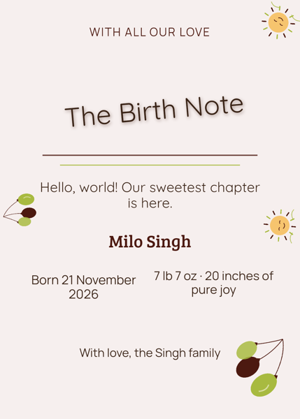 The Birth Note — editable announcements template
