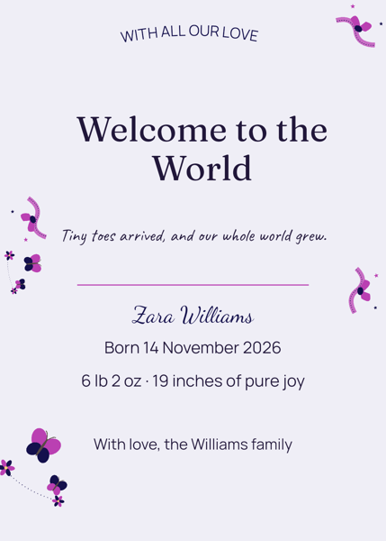 Welcome to the World — editable announcements template