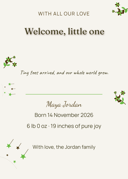 Welcome, little one — editable announcements template