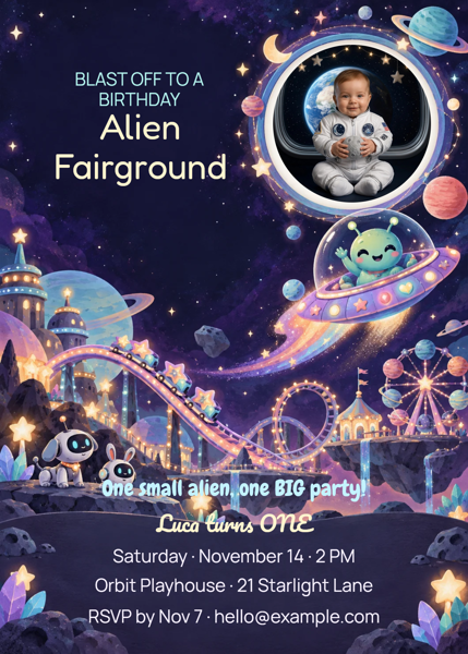 Alien Fairground — editable invitations template