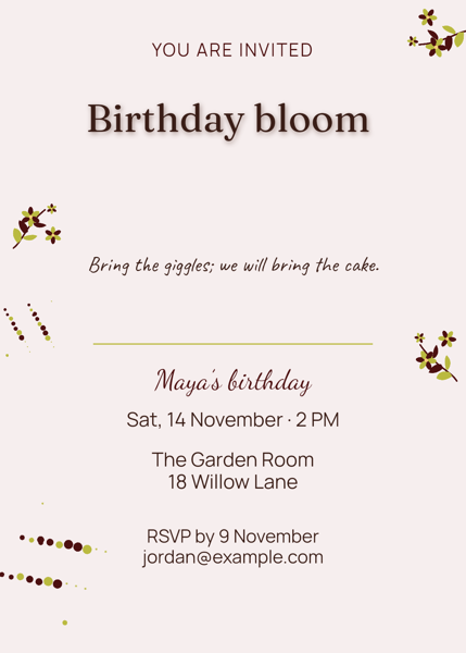 Birthday bloom — editable invitations template