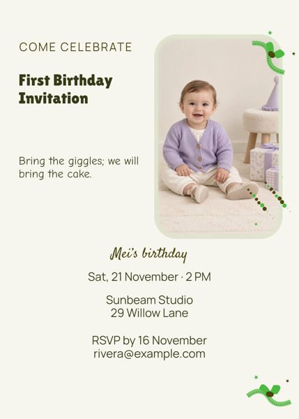 First Birthday Invitation — editable invitations template