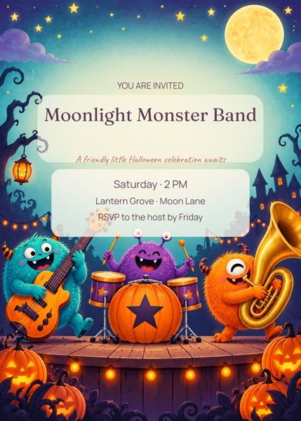 Moonlight Monster Band — editable invitations template