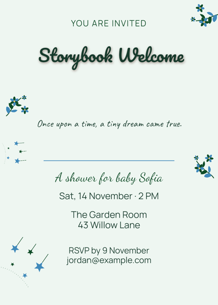 Storybook Welcome — editable invitations template