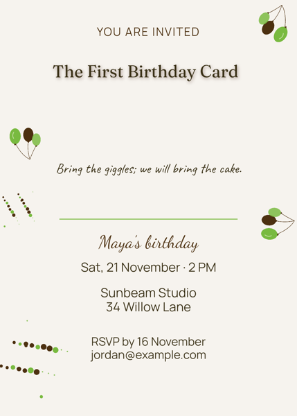 The First Birthday Card — editable invitations template